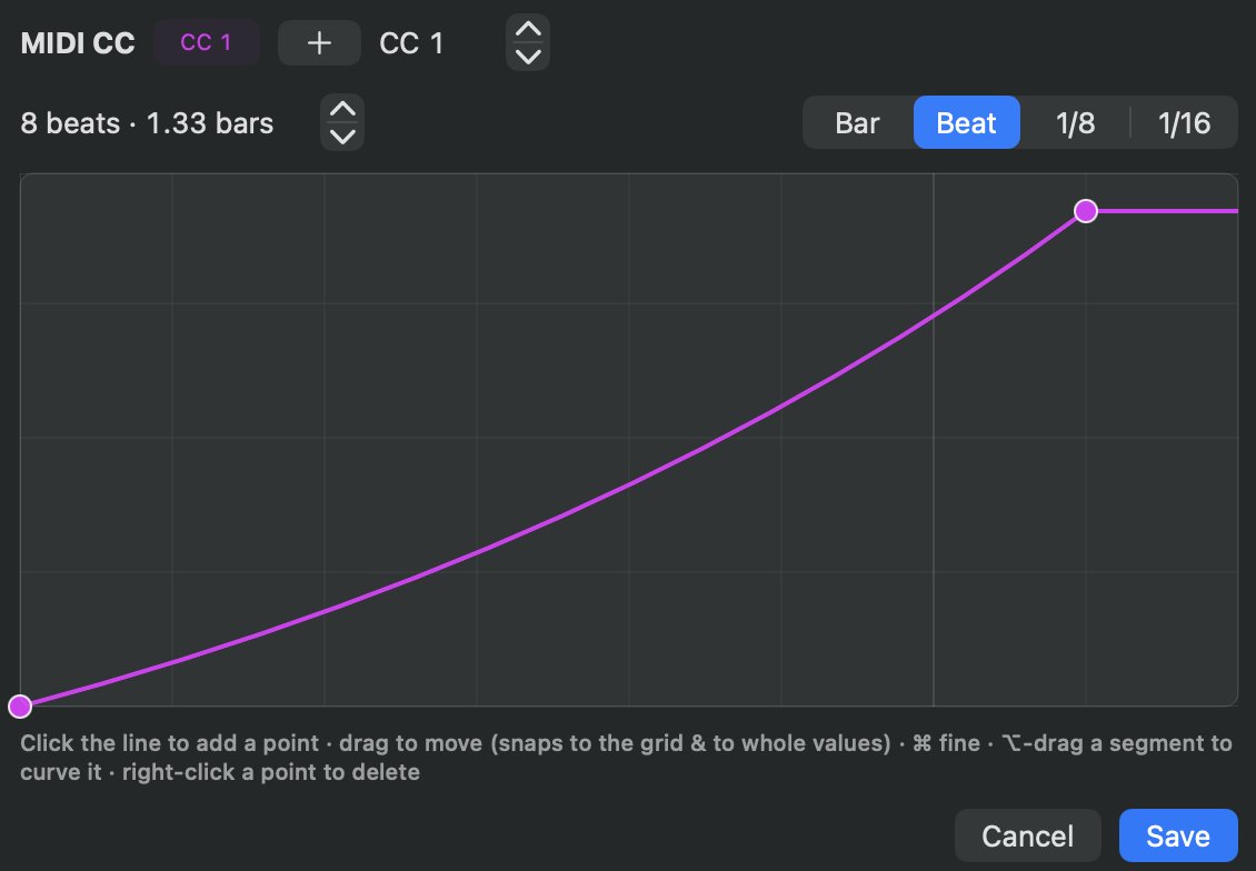 The CC editor with a curved envelope between two breakpoints