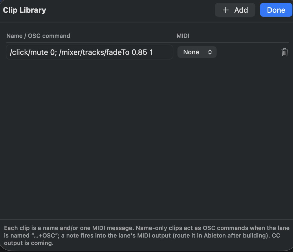 The Clip Library, a saved OSC command with its MIDI setting