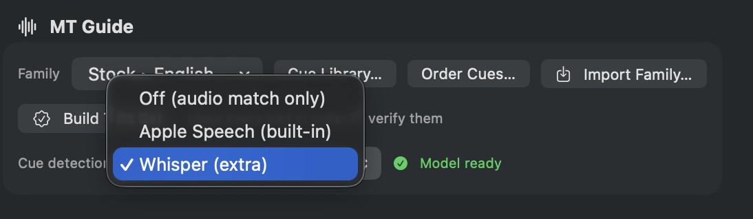 The cue detection setting with Off, Apple Speech, and Whisper