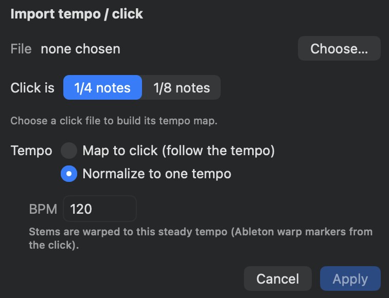 The click file picker with the quarter or eighth note choice and the map or normalize options