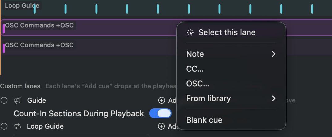 The right-click menu on a custom lane: Select this lane, Note, CC, OSC, From library, Blank cue