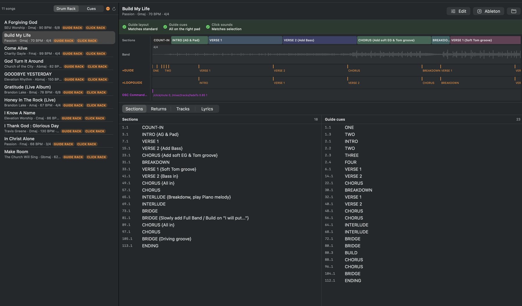 The Song Library, a list of finished songs with an arrangement map and a pageable detail panel