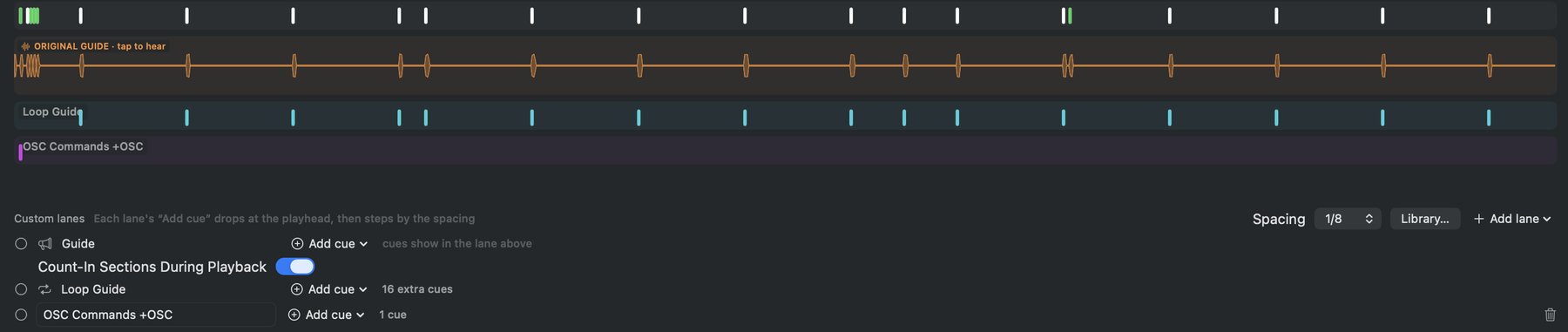 An OSC Commands lane among the custom lanes on the Sections timeline