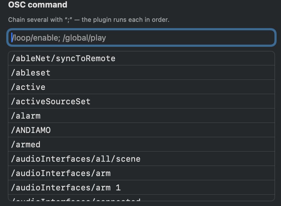 The OSC command field with the autofill list open