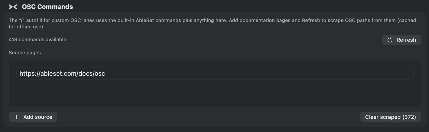 The OSC Commands settings panel with a source page and a command count