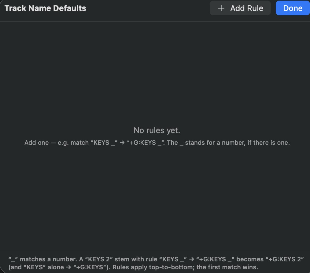 The Defaults dialog with rule-based renaming
