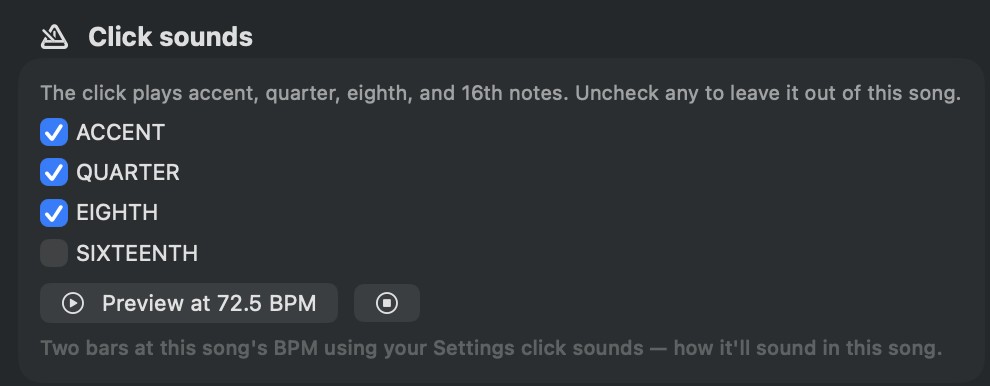 The Song tab showing metadata, the no-shift stem picker, and the click pad mutes