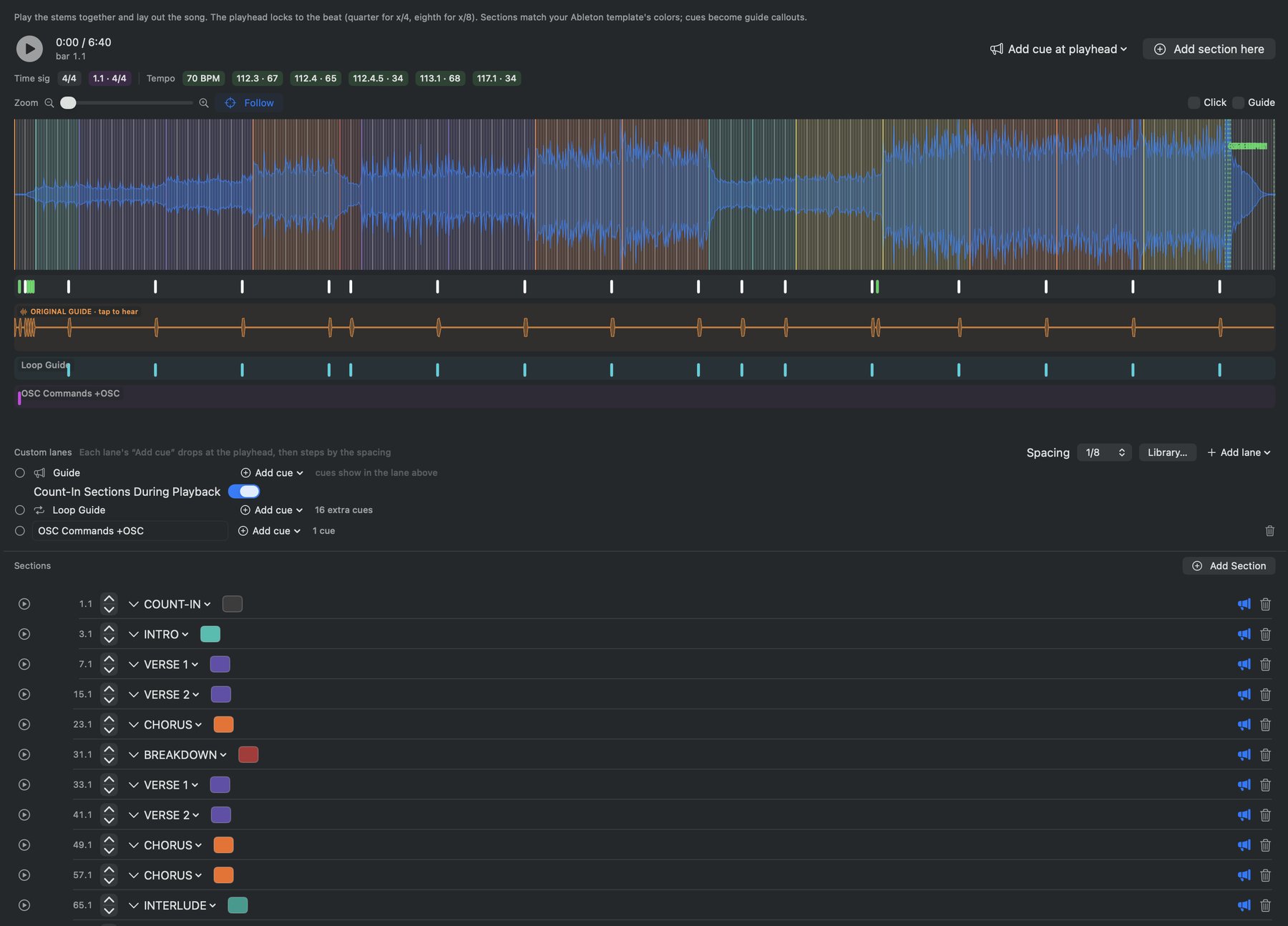 The Sections timeline with the full stem waveform, colored section markers, and cue ticks