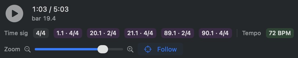 The transport row: play, Click and Guide toggles, Follow, and the zoom slider