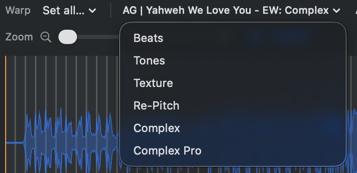The per-track warp mode row with algorithm choices