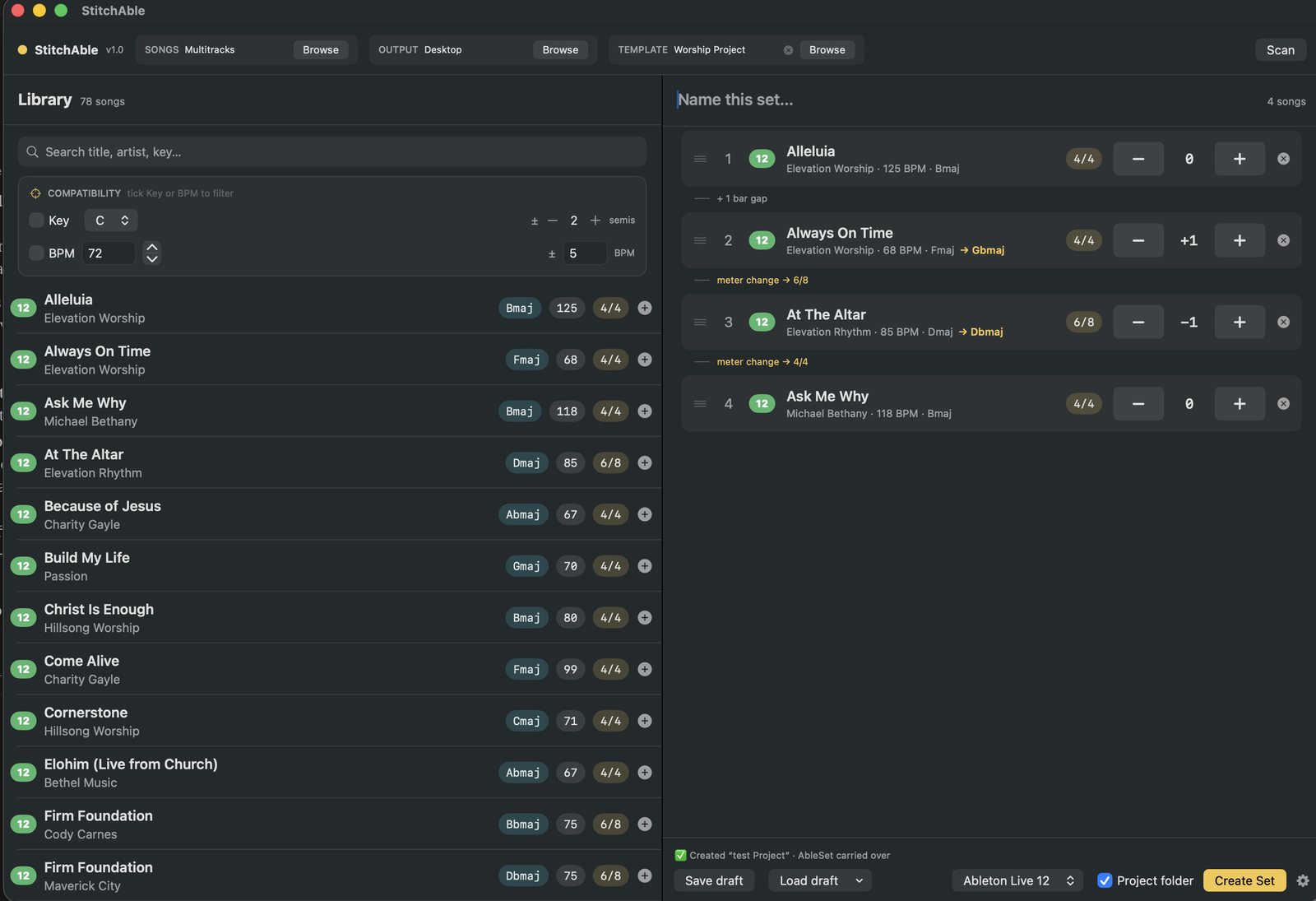The StitchAble main window, song library on the left, running order on the right