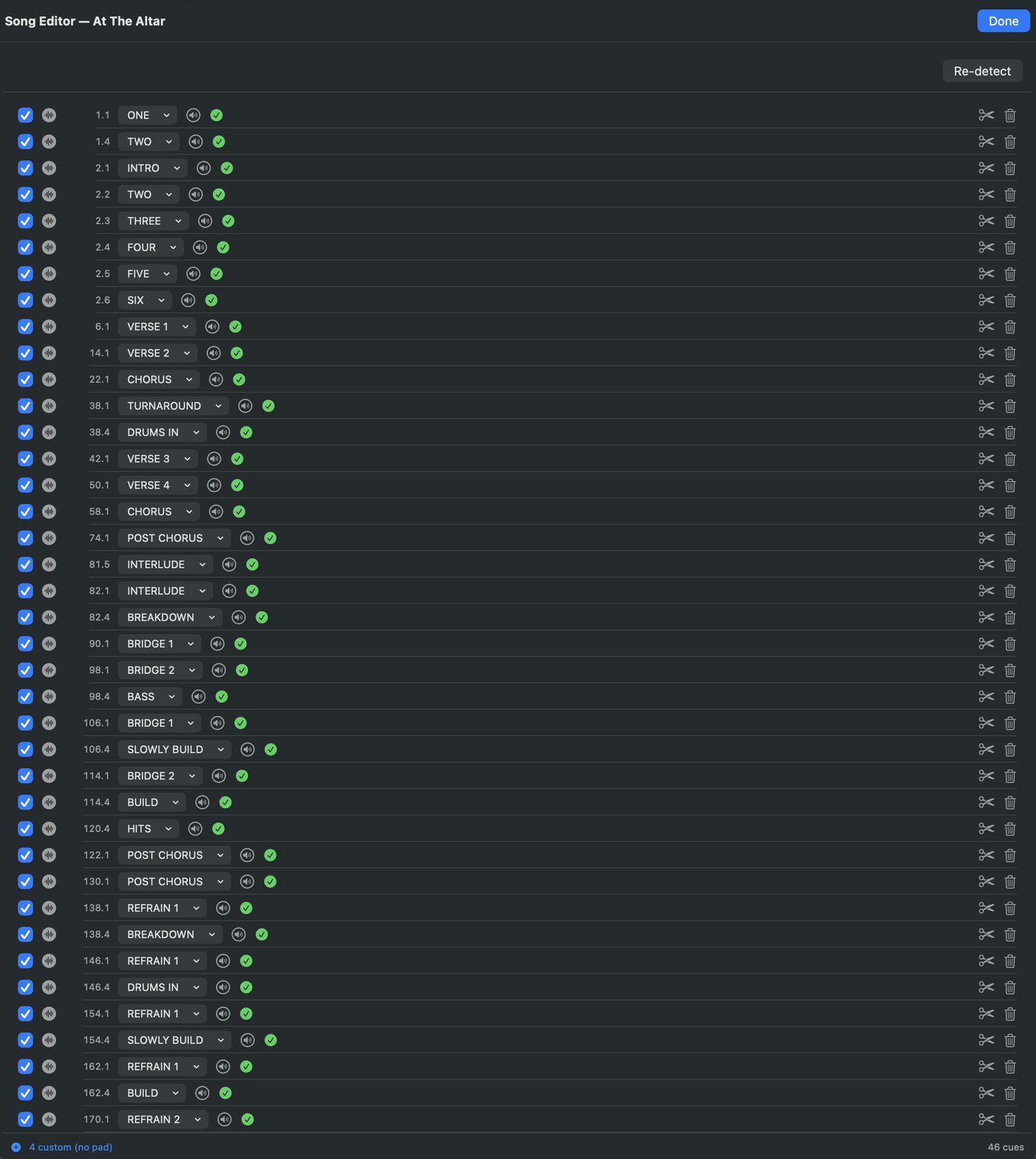 The guide cues editor: 46 cues detected, positioned, and named