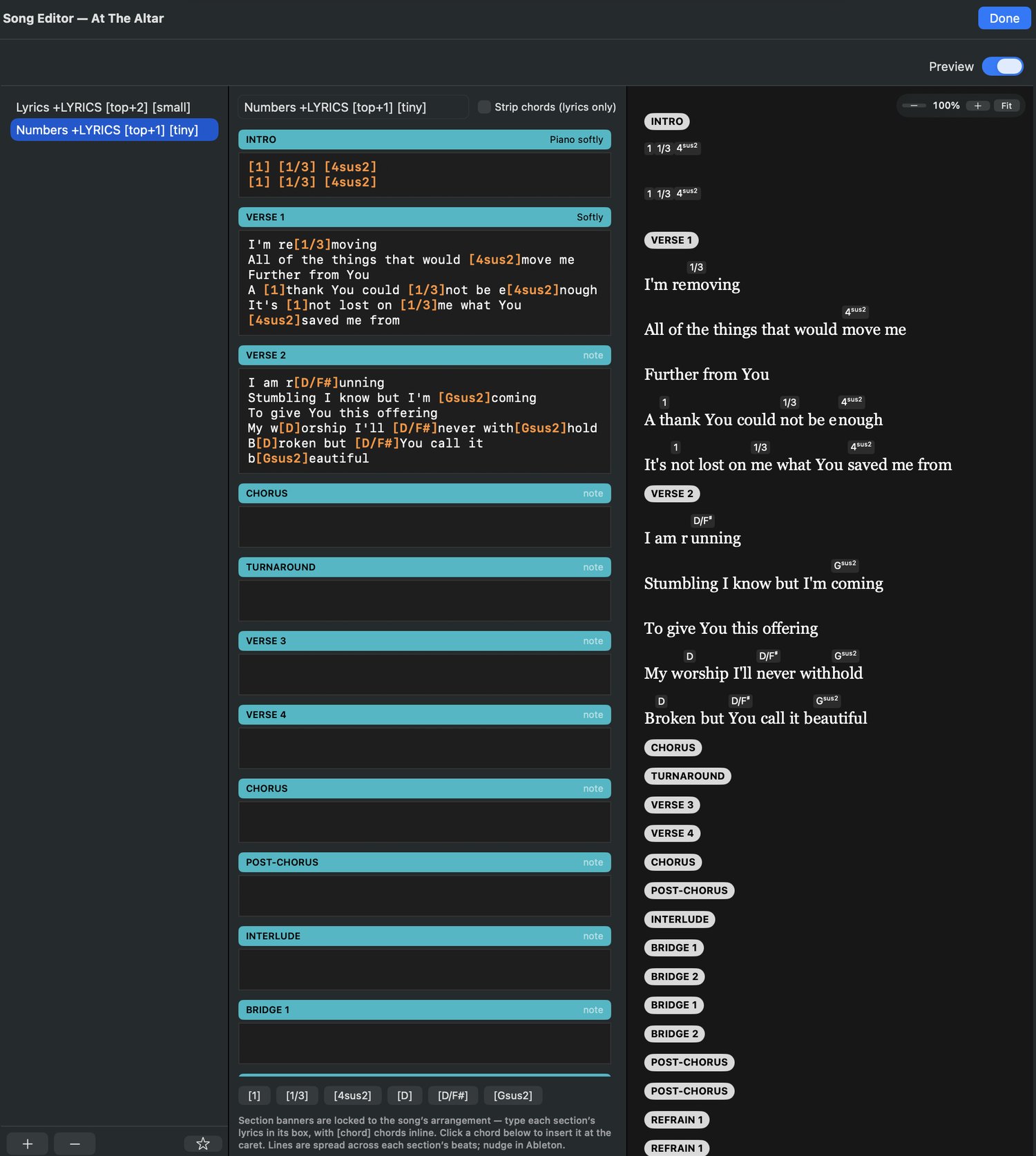 The lyrics and chords editor with a live AbleSet preview
