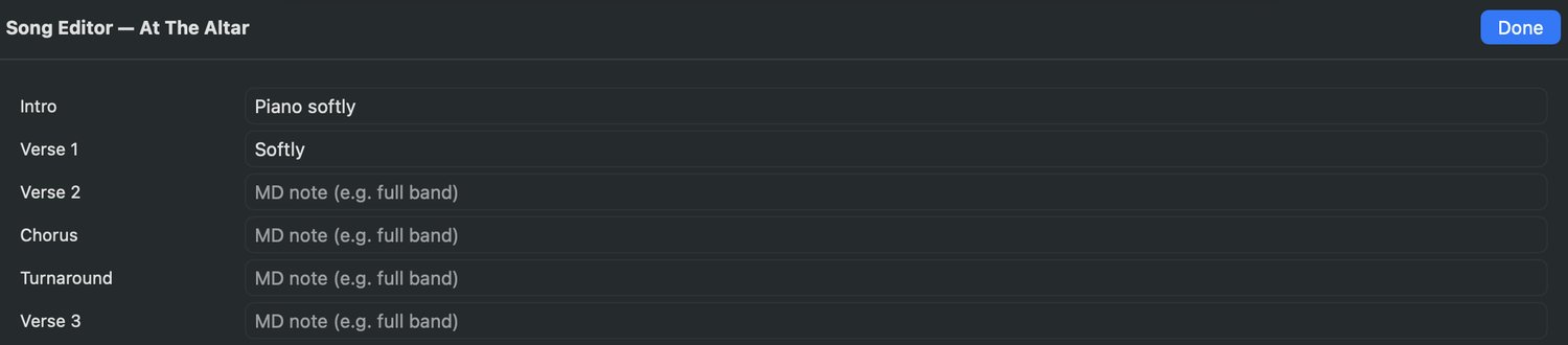 Section notes — one field per section