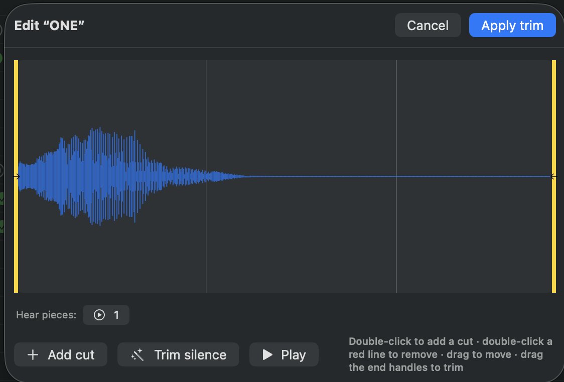The waveform slice editor — trim handles, cuts, and per-piece audition