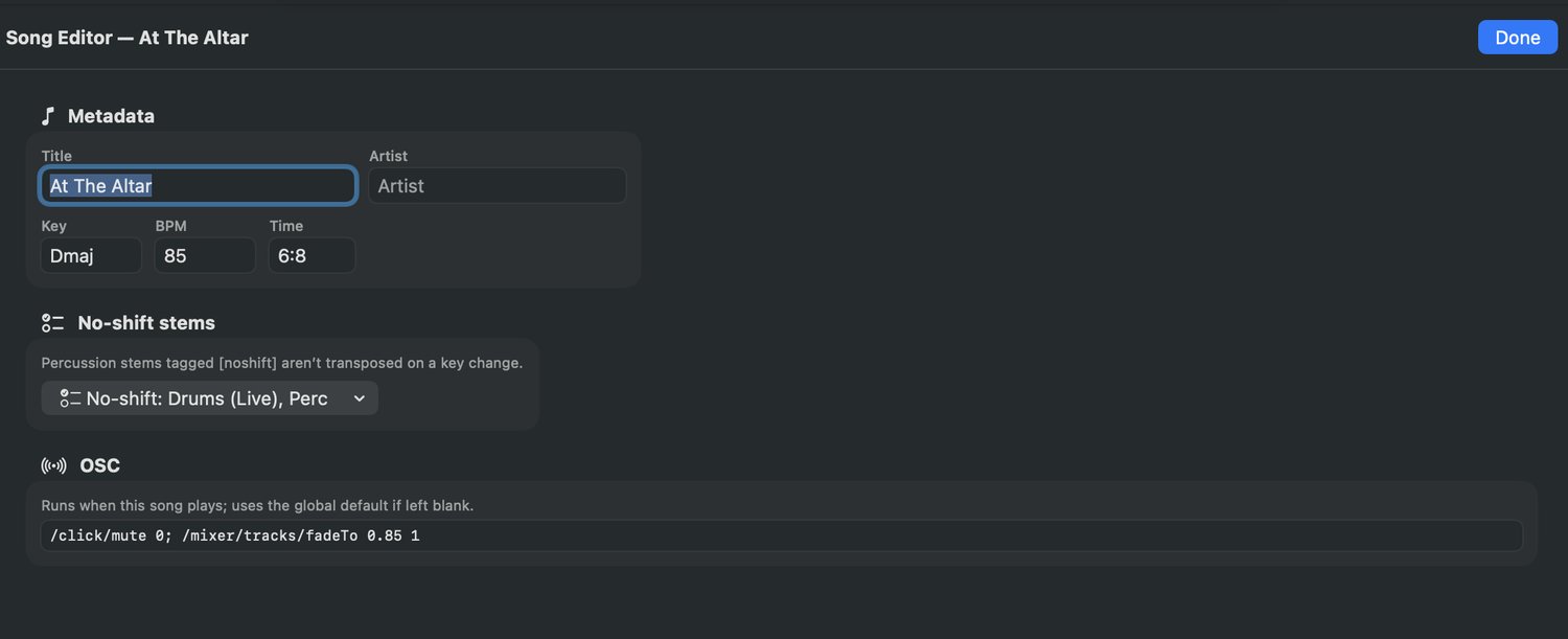 The Song Editor — metadata, no-shift stems, per-song OSC