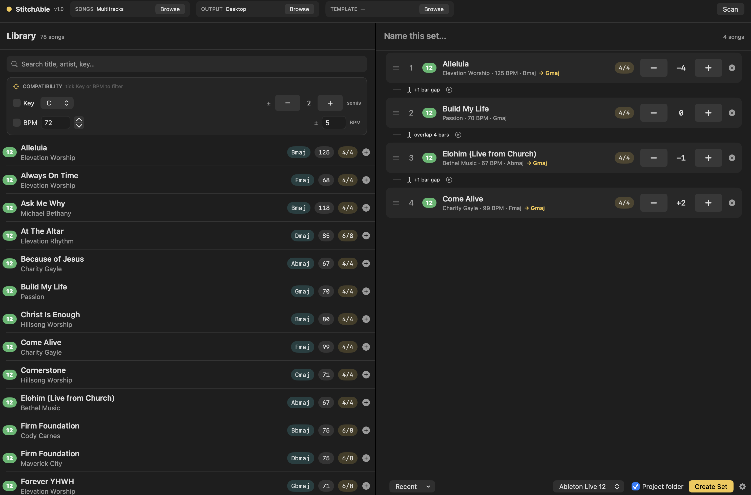 The StitchAble window: your scanned library on one side, your running order on the other.