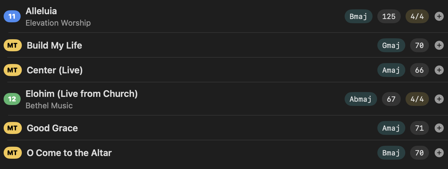 Your library after scanning, with title, artist, BPM, key, and time signature read from each song's folder.