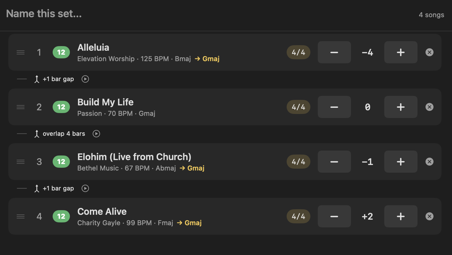 A built running order, with a transition control between each pair of songs.