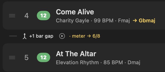 When two songs differ in meter, the boundary marks the time-signature change.