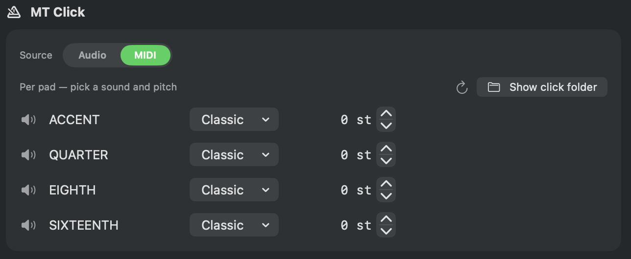The click grid: downbeat, quarter, eighth, and sixteenth, with the sixteenth on by default.