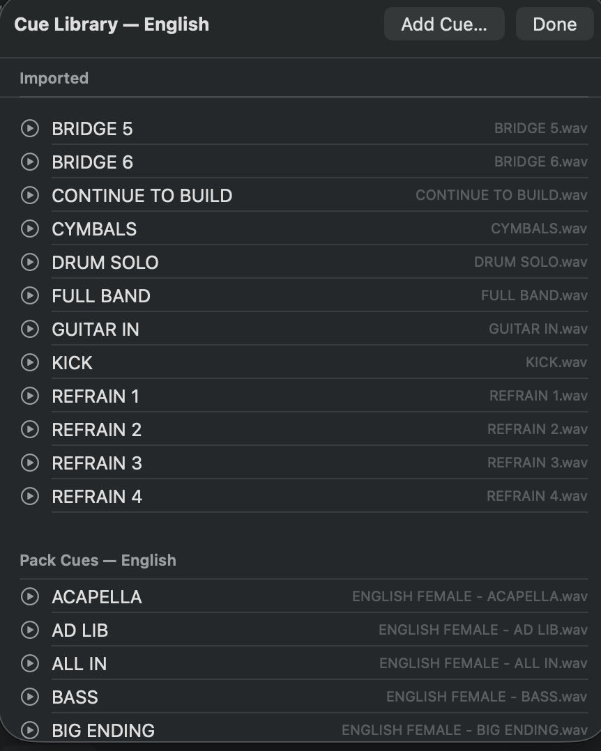 The per-pad cue library of section cues.