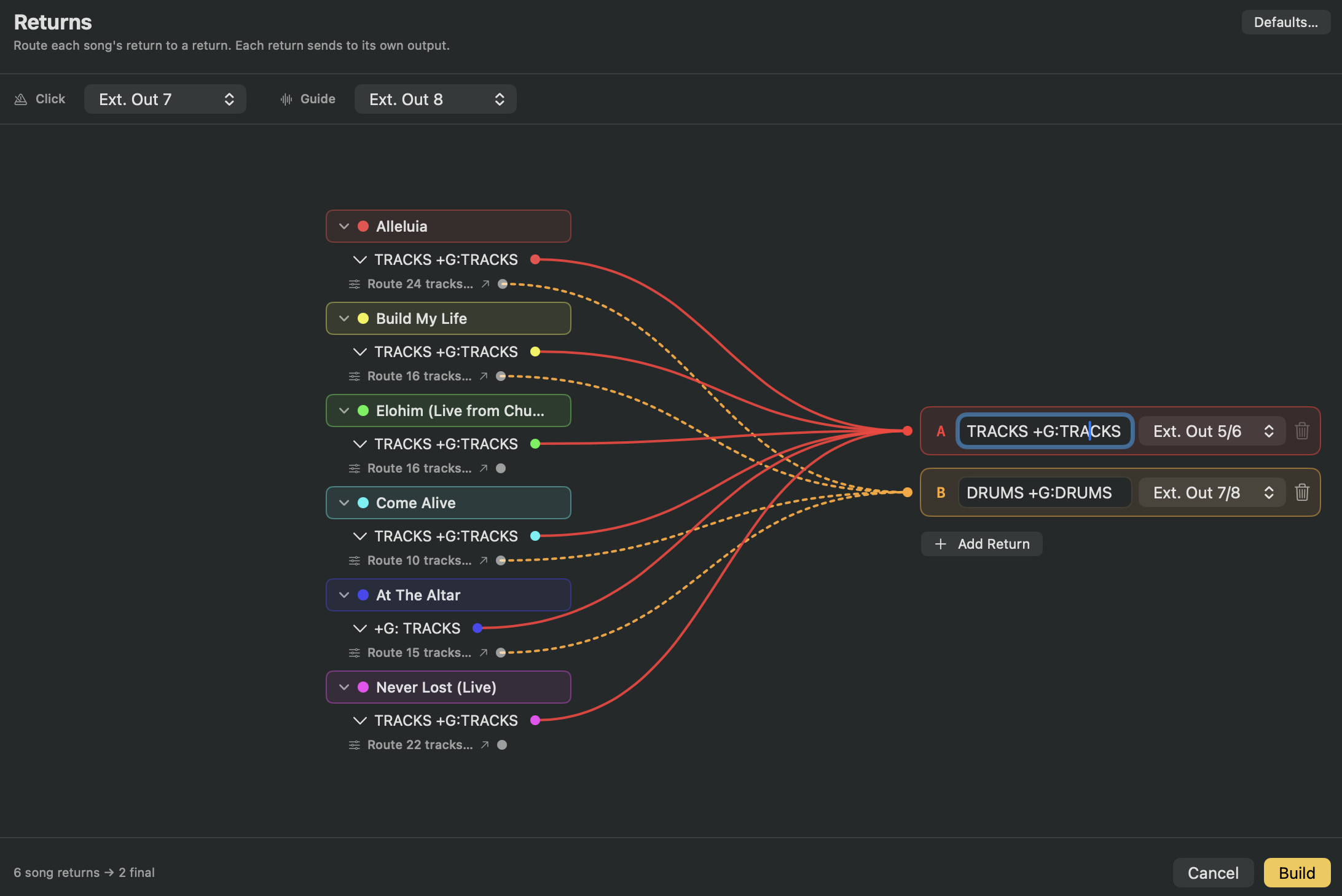 Routing overview: stems into their song group, with click and guide on their own outputs.