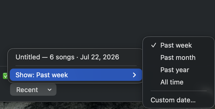 The Recent menu, for jumping back into a set you built before.