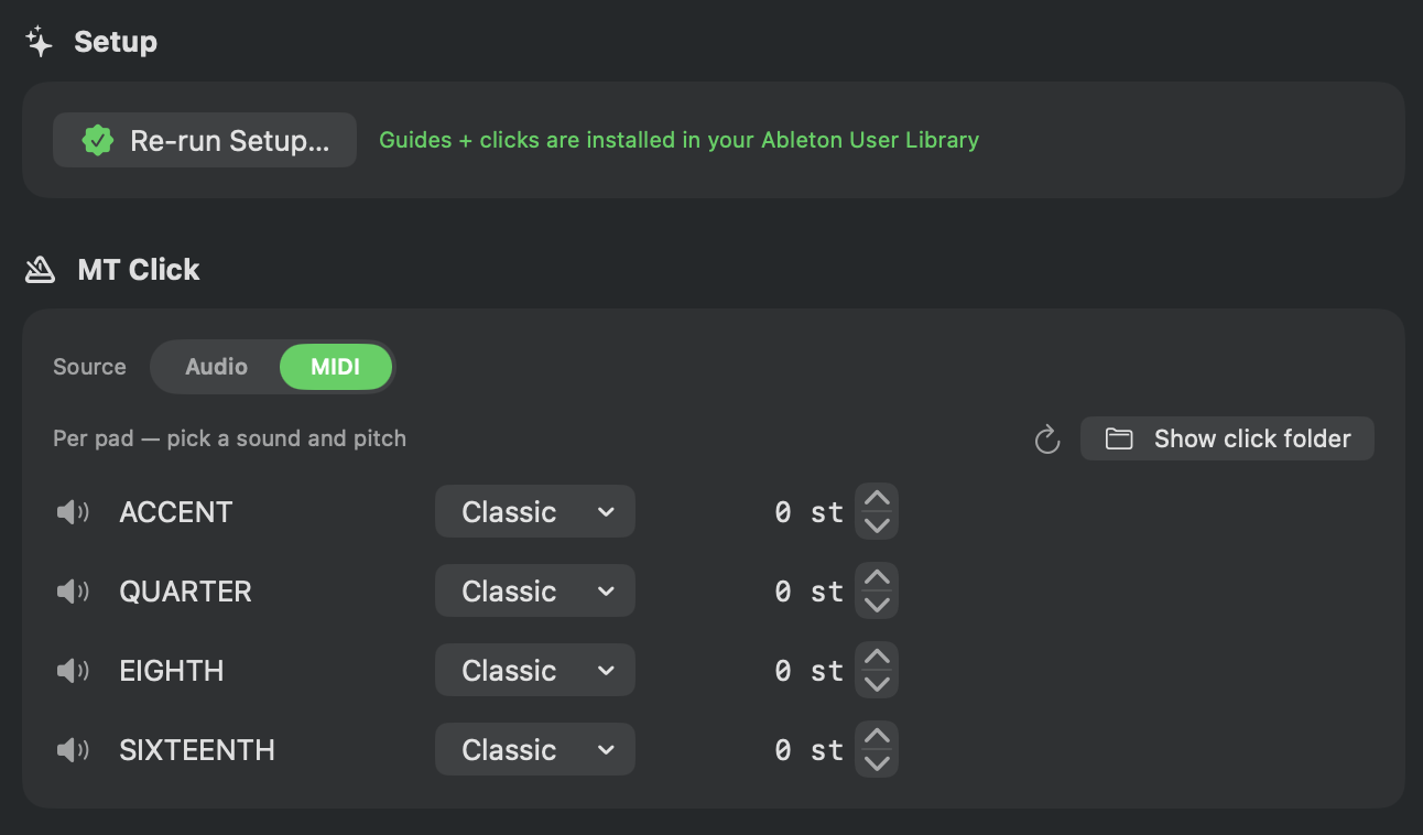 Settings: guide and click setup.